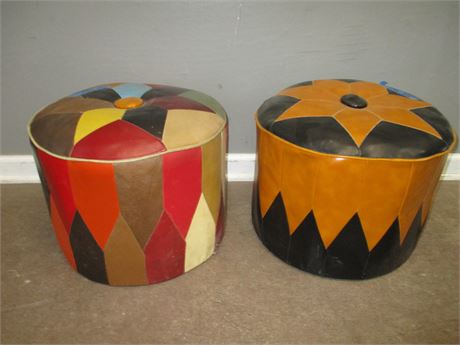 Set of two "Kilim" stlyle Leather Patch Retro 1960's Foot Stools