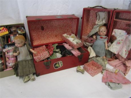 Antique Dolls with Clothes Boxes and Accessories