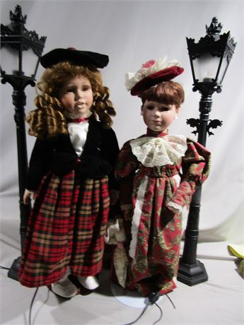 Set of Vintage Porcelain Tall Dolls, with Two Lamp Posts