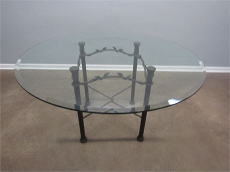 Round Glass Table with Metal Base and Leaf Wrap Decorative Trim