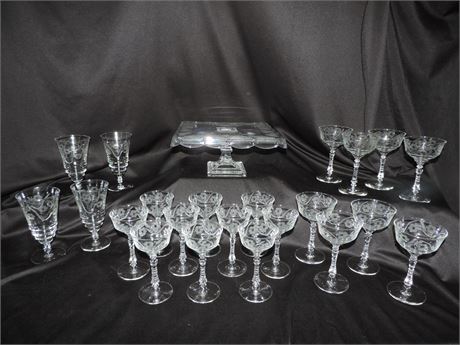 Etched Glass Stemware / Cake Plate / 23 Pieces