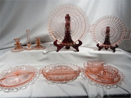 Pink Toned Depression Glass Collection, Rectangle and Square Type Pattern