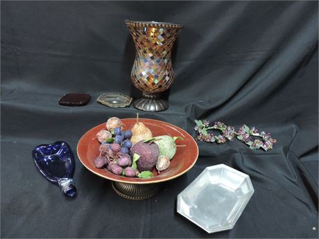 Partylite Mosaic Jewel Tone Glass Candle Holder Ceramic Bowl & Glazed Fruit