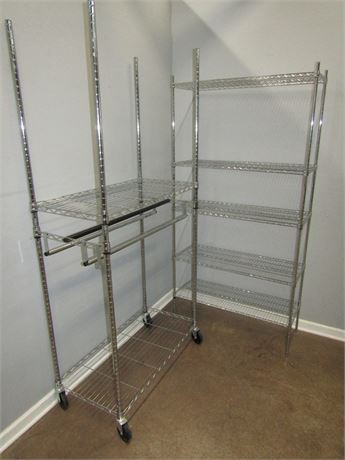 Pair of Metal Storage Racks, One on Rollers with Adjustable Clothes Rod