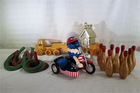 M&M Biker / Snoopy Doghouse Bank / Wood Semi Tractor Trailer / Games / Lot of 4
