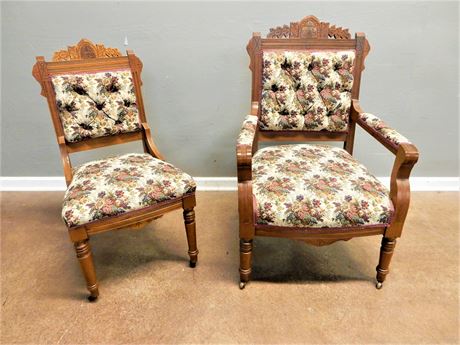 Wood / Eastlake Style / Upholstered Accent Chair / Casters / Lot (2)