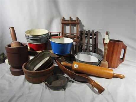 Early Metal Bowls, Wooden Scoops, Pitchers and Much More !