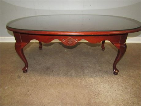 Cherry Style Wooden Oval Coffee Table with Glass Top