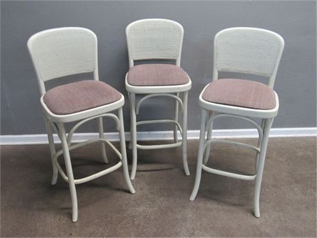 3 Cream Colored Bar Stools with Cane/Woven Backs and Mauve Seat Cushions