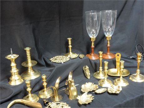 Collectible Brass Candlesticks Trivets Lot