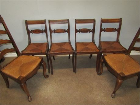 6 Wicker Ladder Back Rush Seat Chair Lot, Chairs with Gloss, 4 Matching