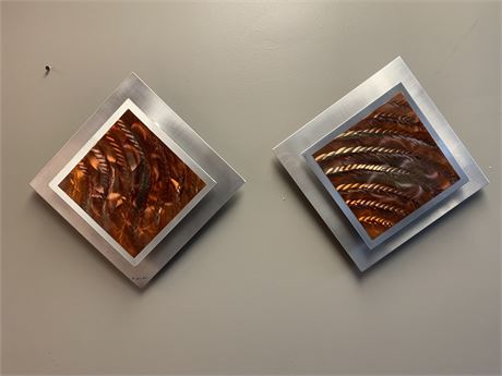 Signed Pair of Modern Metal Silver Orange Copper Wall Art