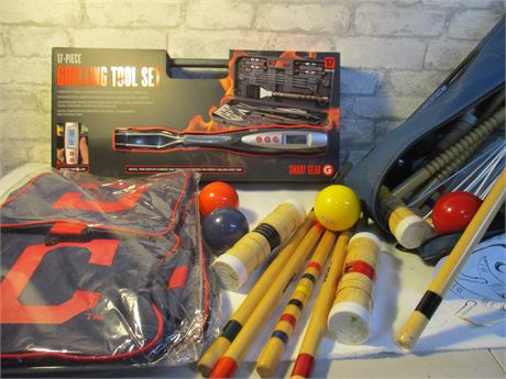 Tail-Gate Fun Lot with New Grilling Set, Indians Travel Bags, and Croquet Set.