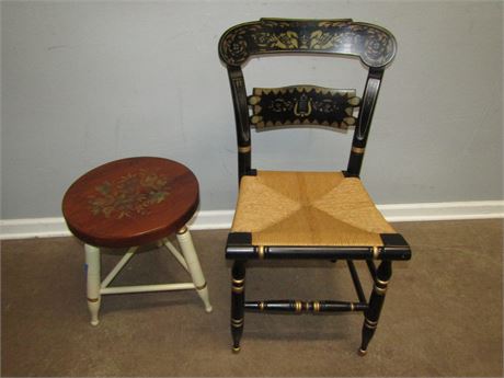 Ethan Allen Chair and Stool Set, Black and Gold Vintage Chair and Wood Chair