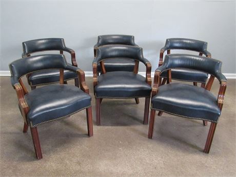 6 Blue Leather Club Dining Chairs with Nail-head Trim