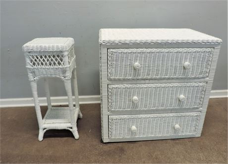 White Wicker Style Chest of Drawers & Wicker Stand