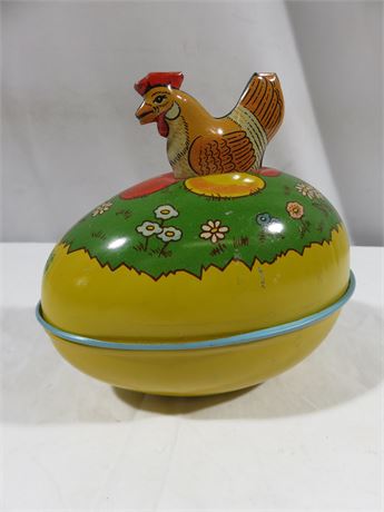 Vintage J Chein Tin Litho Egg with Chicken