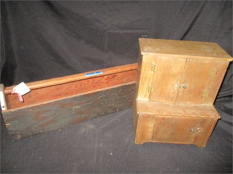 Early American Old Tool Carrier and Early Wood Toy Cabinet