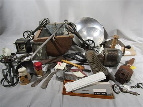 Early American Kitchen Items, Butter Stamps, Bowls, Egg Beaters