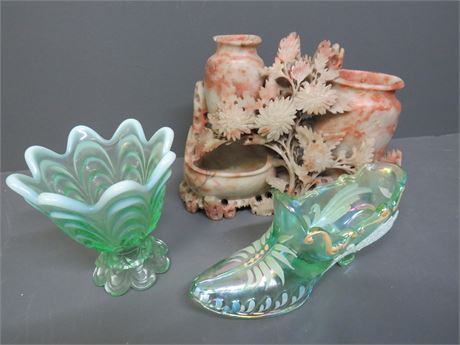 FENTON Glassware / Chinese Carved Soapstone Vase