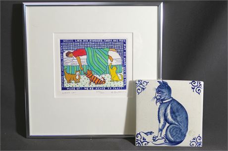 JAN HAVENS Engraved Cat Print & DELFT Tile of Cat & Mouse Lot