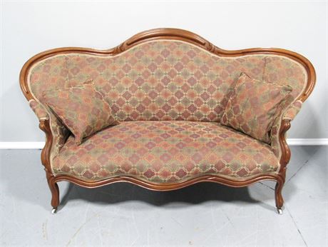 Antique Upholstered Camel-Back Loveseat with 2 Throw Pillows