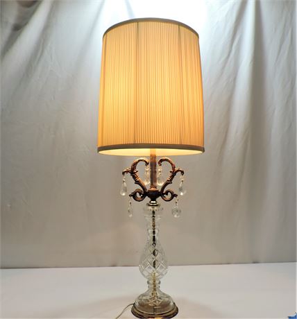 Brass Table Lamp with Hanging Crystals and Pleated Shade