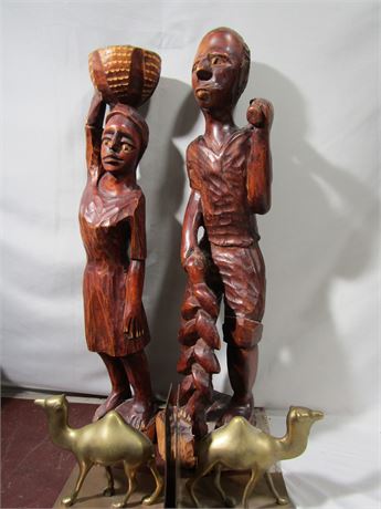 Large Wood Carved Figurine Art, Brass Art
