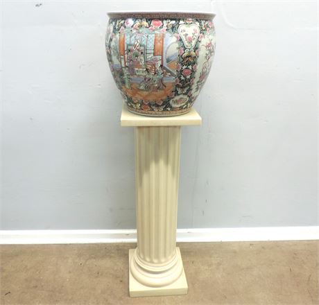 Asian Style Ceramic Planter / Marble Pedestal