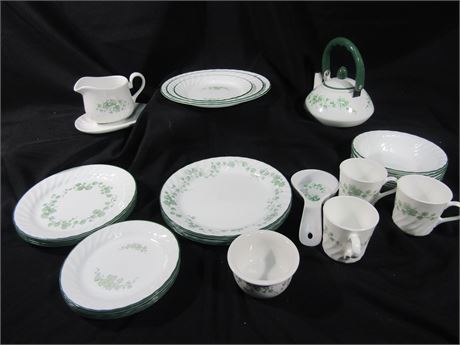 Corelle and Corning "Green Leaf" Pattern Dishes and Tea Cup Set