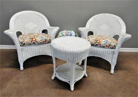 Two Authentic White Wicker Chairs with Four Cushions and Matching Wicker Table