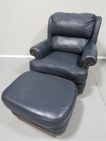 DISTINCTION LEATHER CO. Blue Leather Arm Chair w/Ottoman