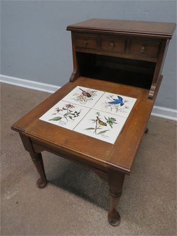Vintage 2-Tier Bird Motif Tiled End Table