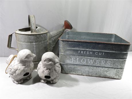 Galvanized Steel Watering Can & Tub with Bird House Figures