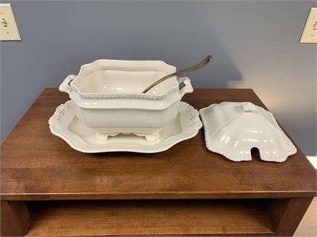 Spode Serving Tureen, Platter, and Silver Plated Ladle