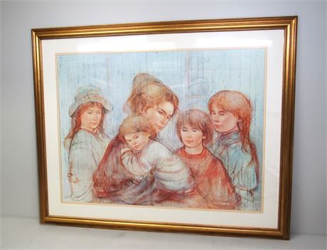 Hibel Print (#478/1000) 1986 Leah & Children Large Framed & Double Matted Print
