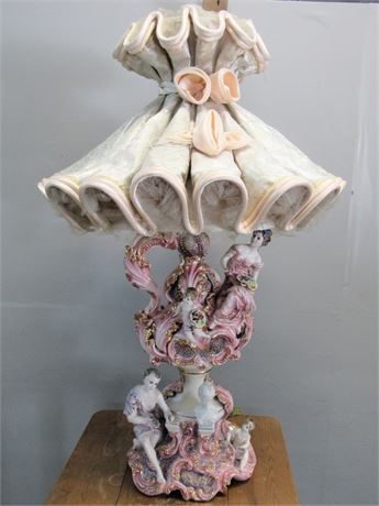 Large Vintage Capodimonte Style Victorian Motif Lamp with Ornate Shade - Italy