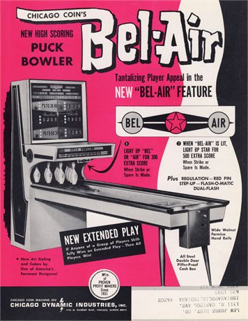 Vintage 1965 Chicago (Coin) Dynamic Industries Bel-Air Puck Bowling Machine
