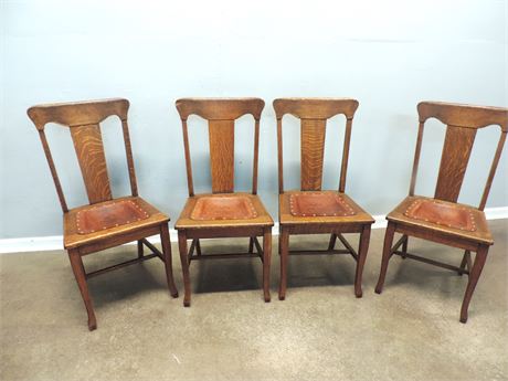 Four Antique French Farmhouse Wood and Leather Dining Chairs