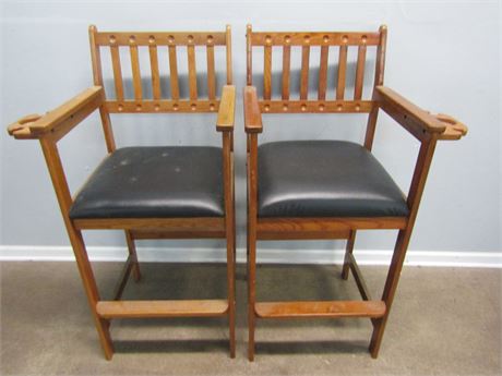 Two Pool Table Pub Chairs, Black Cushions on Wood Frames