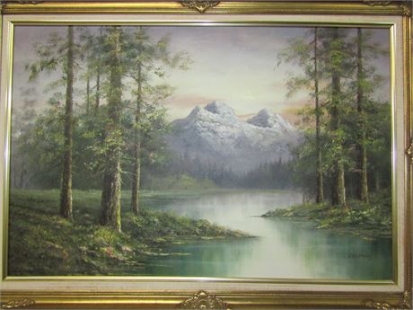 LANDSCAPE WITH FORREST, RIVE AND MOUNTAINS. Original Oil by C De Prisley. Framed