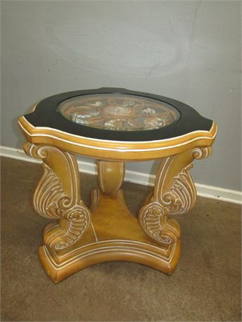 Glass Top Round Wood Table with Black Marble Style Ring Trim