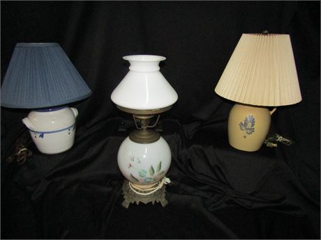 Set of Three Small Table Lamps, Hand-Painted Glass, Mahon Pottery and Jug