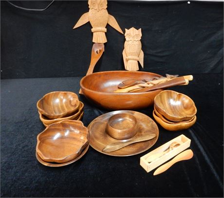 Vintage Wood Bowls, Serving Spoons, Carved Wood Hanging Owls