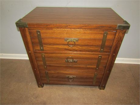 Vintage Wooden Chest, 3 Drawer, Gold Edge Trim and Hoop Hardware