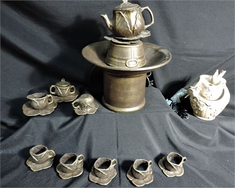 Bronze Style Tea Set Fountain and Ceramic Birds Fountain