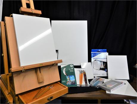 Adjustable Wood Easel with Canvases Paint and Paint Brushes