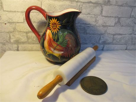 Large Hand Painted Water Pitcher, Marble Roller Pin, 1925 President Medallion