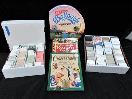 2 Large Boxes of Misc. Sports Cards - Mostly Baseball & 3 Baseball Themed Books