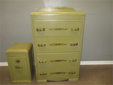 Vintage Green Antiqued Painted Dresser and Night Stand Cabinet